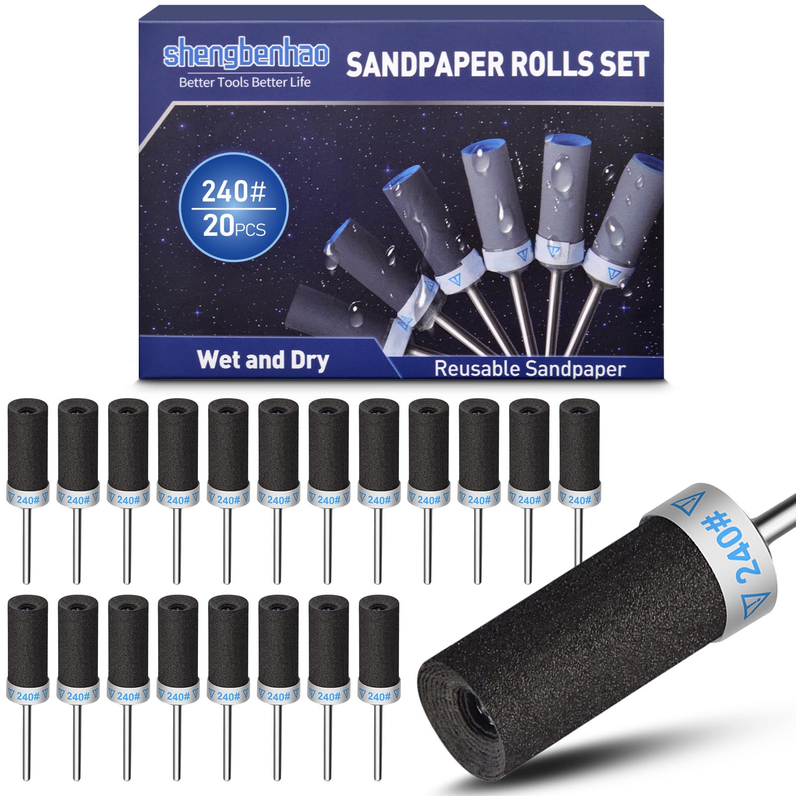 shengbenhao 20PCS 240 Grit Sanding Drums Sandpaper Sticks Set Compatible with Dremel Rotary Tool Accessories with 1/8 inch Shank for Metal Rust Removal/Jade Polishing/Stone Grinding/Sanding