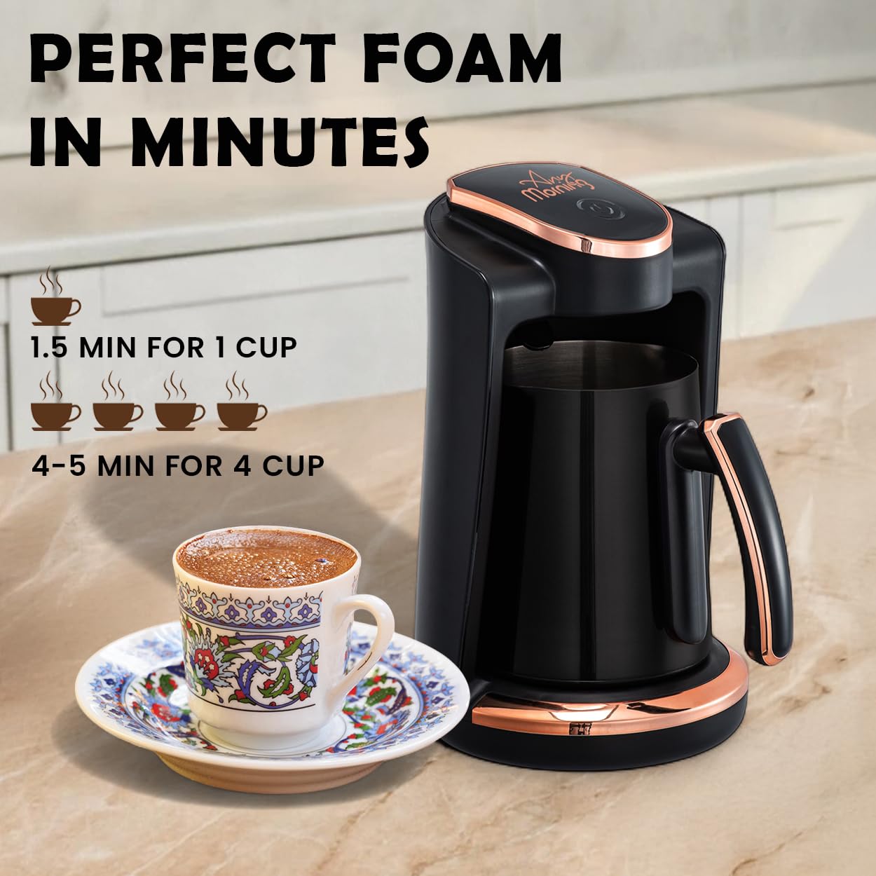 Any Morning LI23201S Türkische Kaffeemaschine 250 ml, 4 Tassen, Auto-Aus | Edelstahlkanne mit Doppelausguss, Brauerkennungssensor, Touch-Start, 400 W, kompakt, Trockenkoch- und Überhitzungsschutz