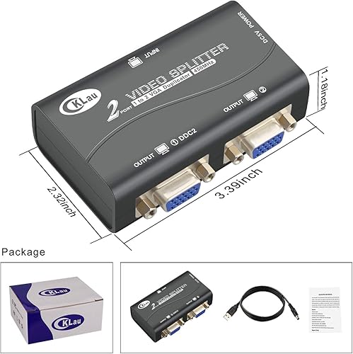 Miniatura 6 de CKLau 450MHz Ancho de banda 2 puertos VGA Splitter Amplificador Caja 1 PC a 2 Monitores SVGA Divisor de Video Soporte 2048 x 1536 Resolución hasta