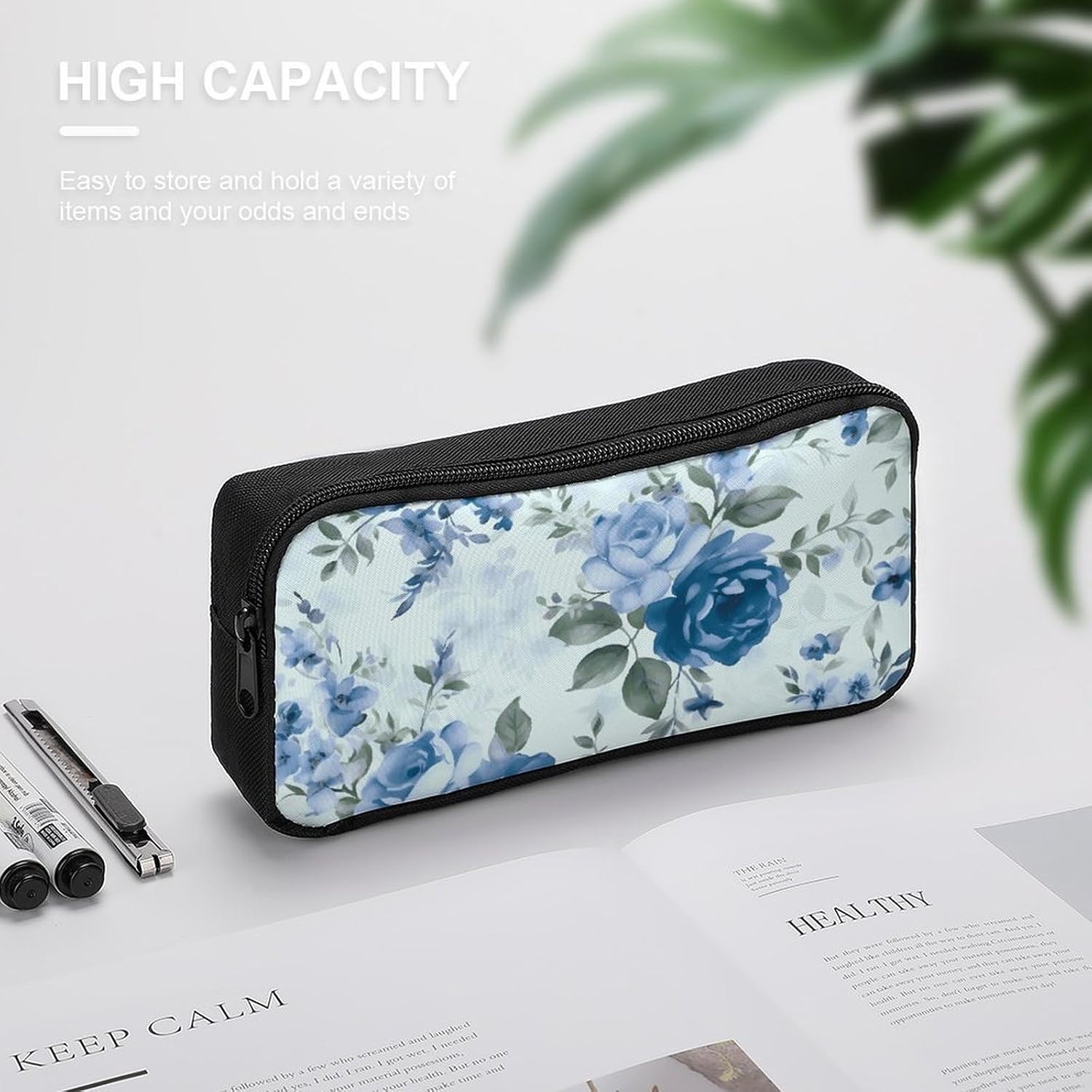 Blue Flower Roses Pencil Case Large Capacity Pencil Pouch image 4