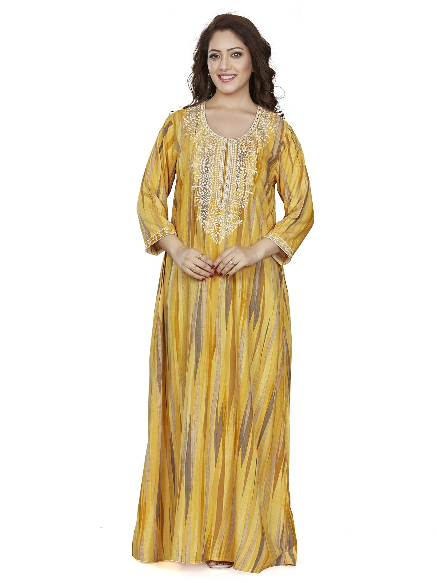 Women's Printed 3/4th Sleeve Full-Length Nighty with Sweetheart Neck Embroidery-image-34