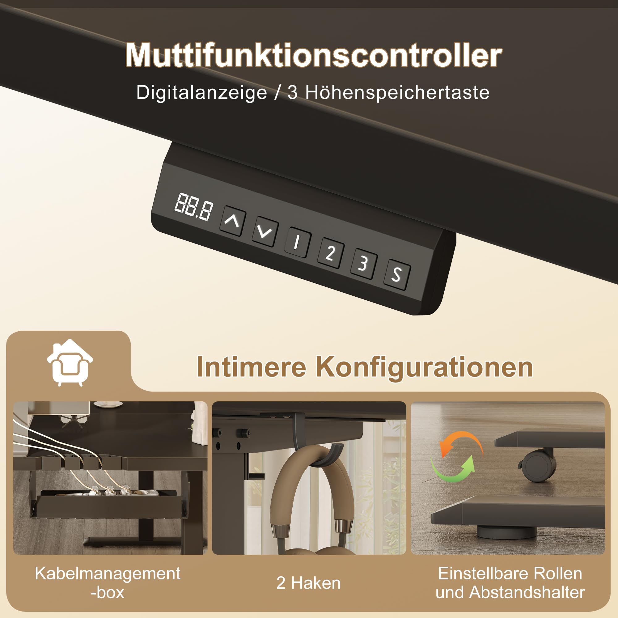 TRIUMPHKEY L-förmig Höhenverstellbarer Schreibtisch Elektrisch mit 3 Memory-Steuerung, 160 x 140cm Eckschreibtisch mit Kabelmanagement und Haken, Ergonomischer Computertisch Schwarz