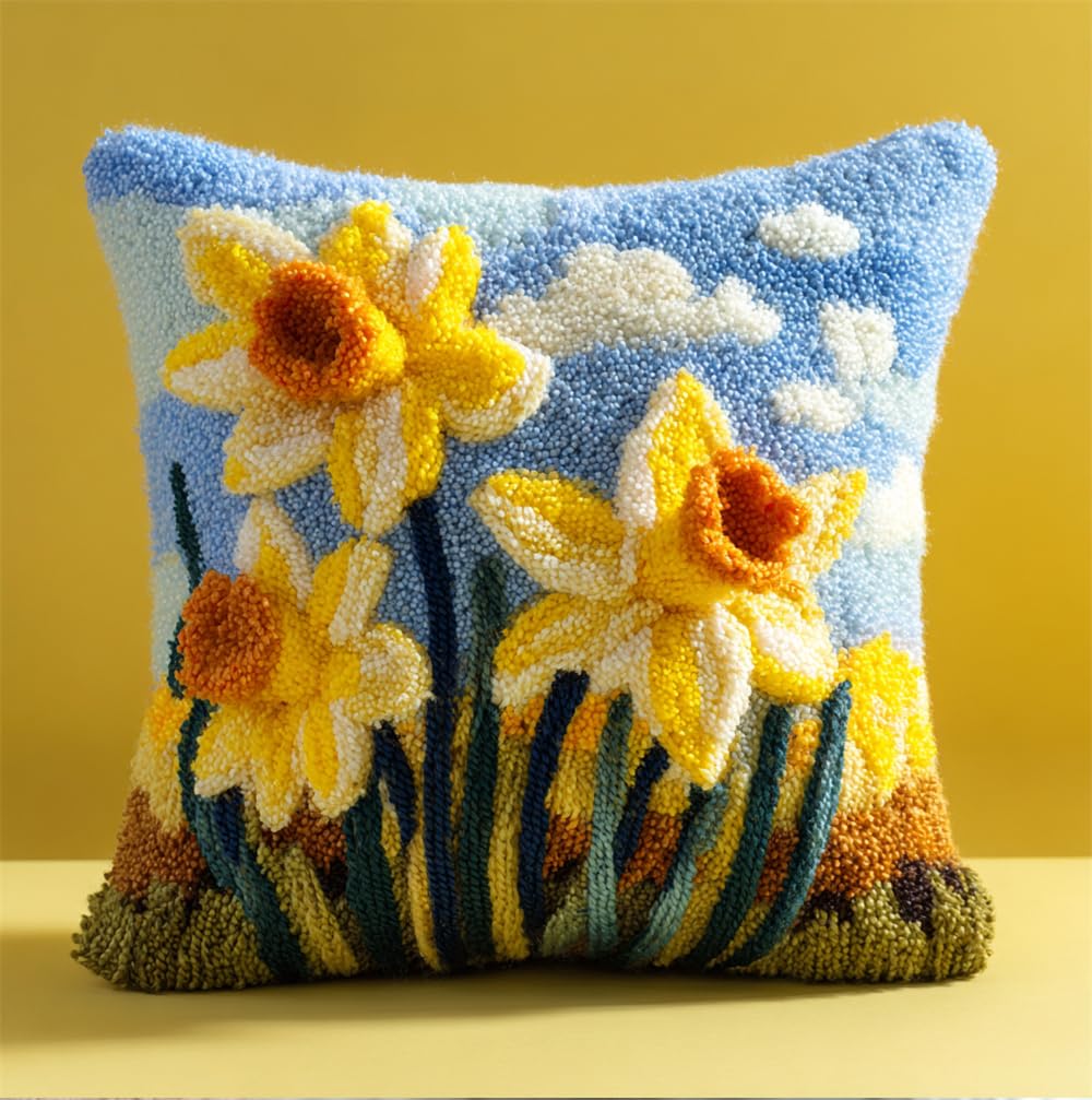 Rqwybcaxn Latch Hook Cushion Kits Daffodil Latch Hook Pillow Case Kits Embroidery Kits 17X17Inch DIY Needlework Pillow Cover Sofa Cushion Rug Making Kits, DIY Craft Kits 17X17Inch