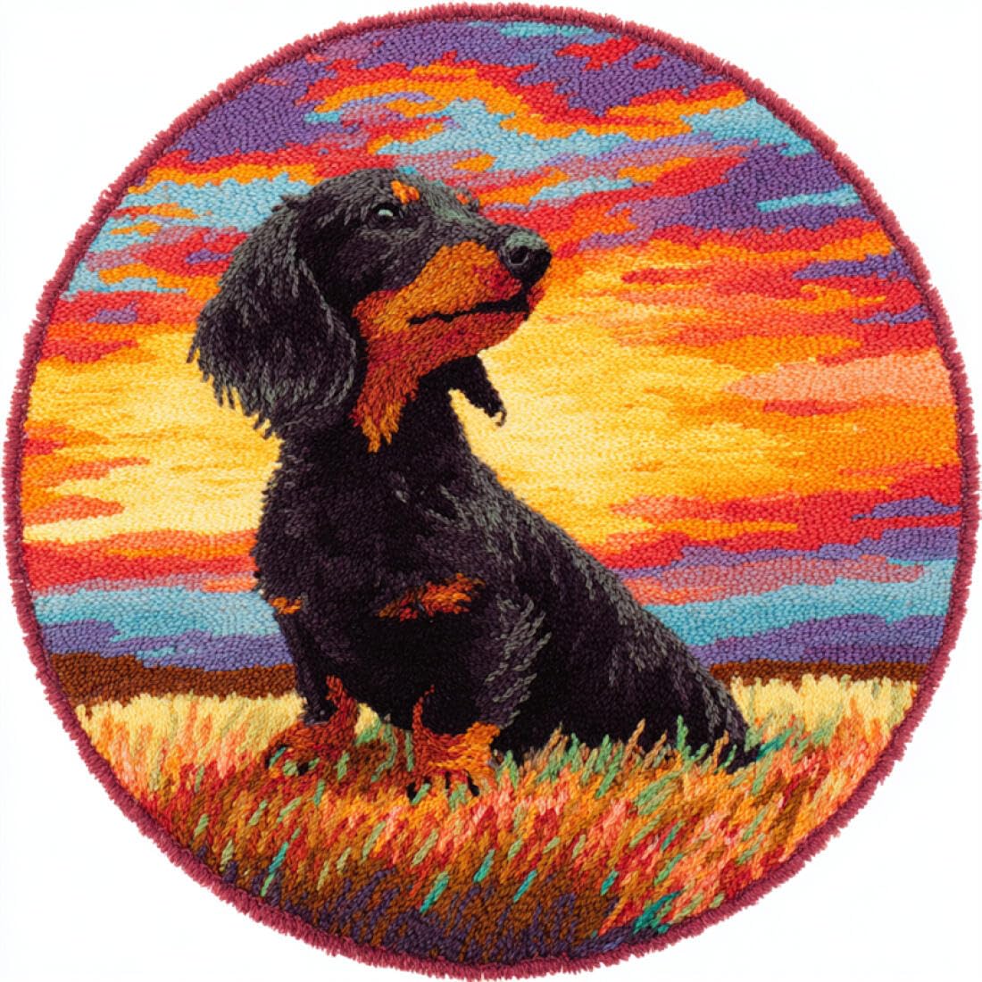 Rqwybcaxn DIY Latch Hook Rug Kit for Beginners Animal Crochet Starter Kit Cartoon Dachshund 60x60cm Round Tapestry with Crochet Hook Bedroom Craft Gift