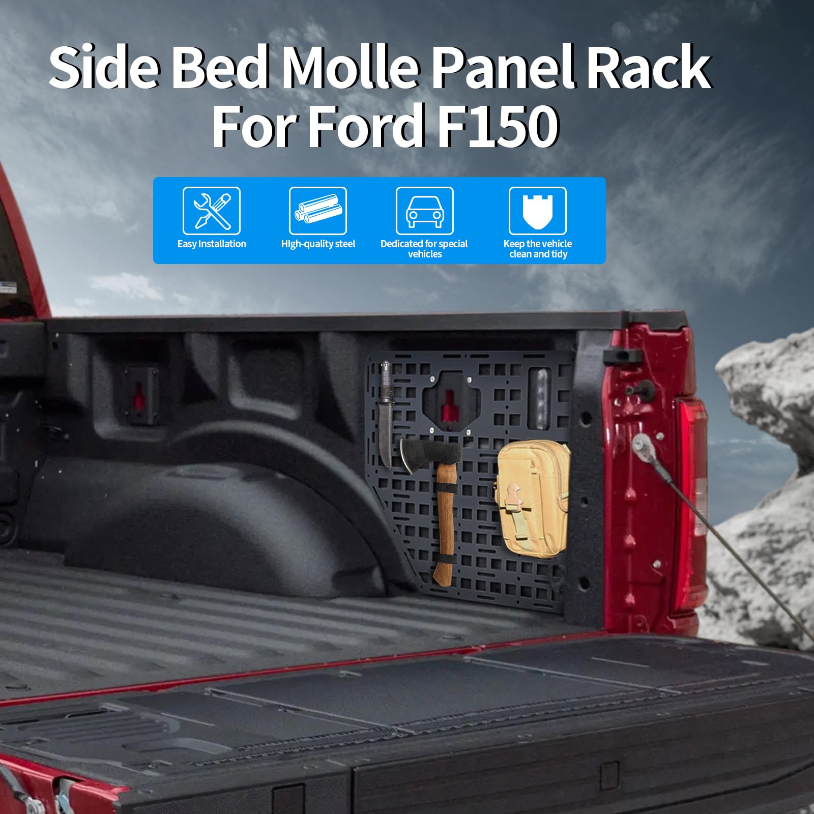 2-Piece MOLLE Panel Rack For Ford F150 (2015-2022) – Bed Side Storage Organizer For Shovels, Tools, Gear