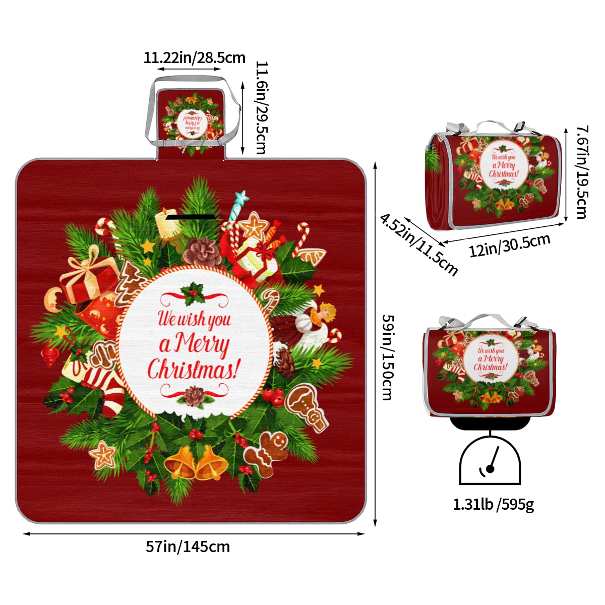 TropicalLife Natale Felice Picnic Coperta Inverno Natale Quadrato Impermeabile Pieghevole Indoor Outdoor Tappeti Mat per Spiaggia Campeggio Parco Famiglia Gathering Attività