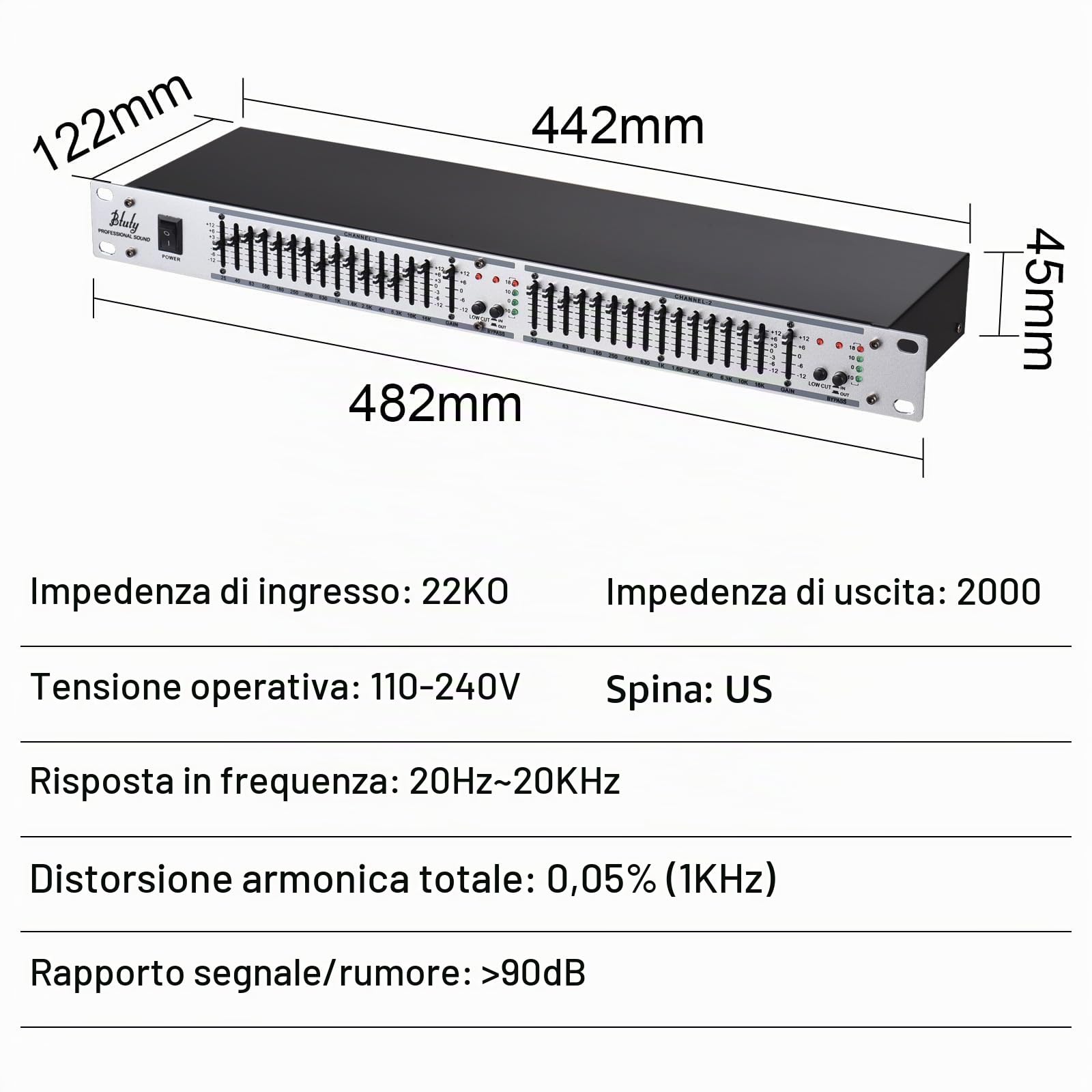 Btuty EQ-215 Dual Channel 15-Band Equalizer 1U Rack Mount 2-channel Stereo Graphic Equalizer