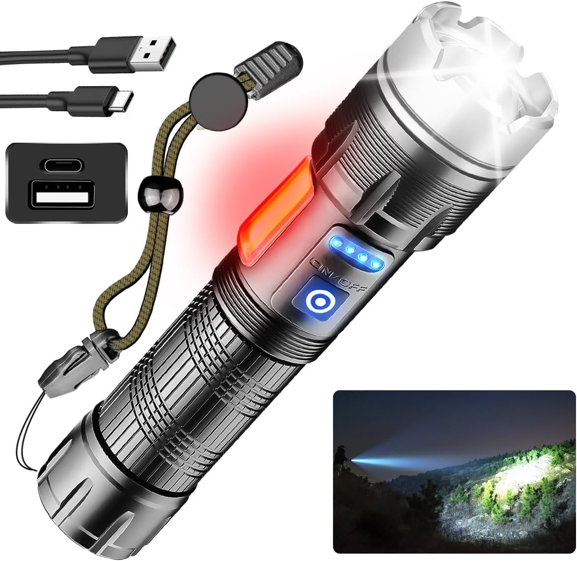 LED Flashlights Rechargeable High Lumens, 90000 Lumen Super Bright Zoomable with USB Cable, 7 Modes Powerful Handheld LED Flashlights for Home Emergencies Camping Camping (7 Modes)