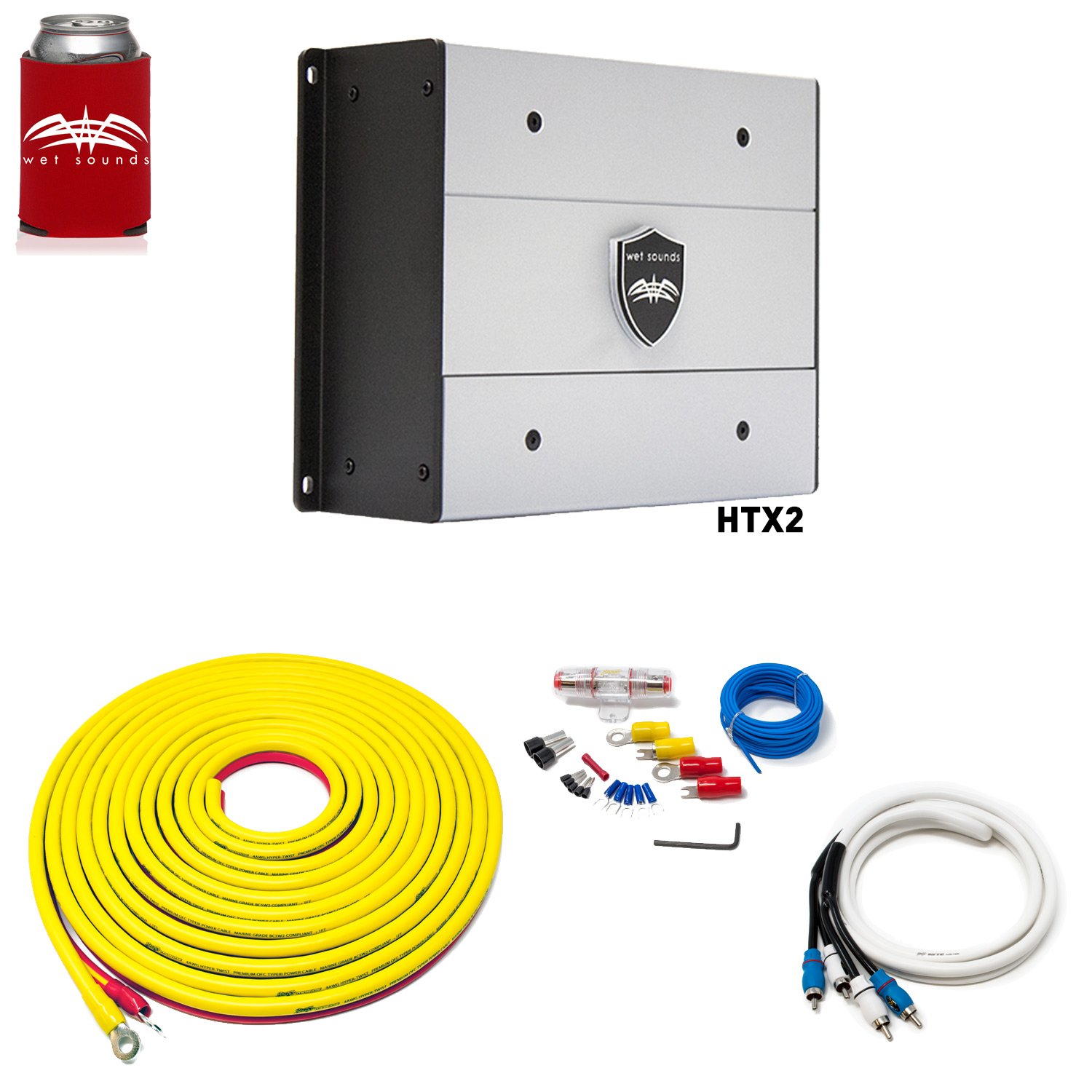 Wet Sounds HTX2 Package: 600 watt 2-Channel Amplifier & Stinger 7-Meter 4-Gauge Amplifier Wiring Kit w/RCAs