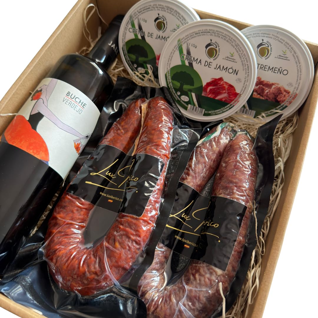 Cesta Gourmet Trajano - Vino Blanco Verdejo, Patés y Embutido | Vino blanco Verdejo, chorizo y salchichón ibérico y tres patés extremeños. Aperitivo con vino listo para regalar.