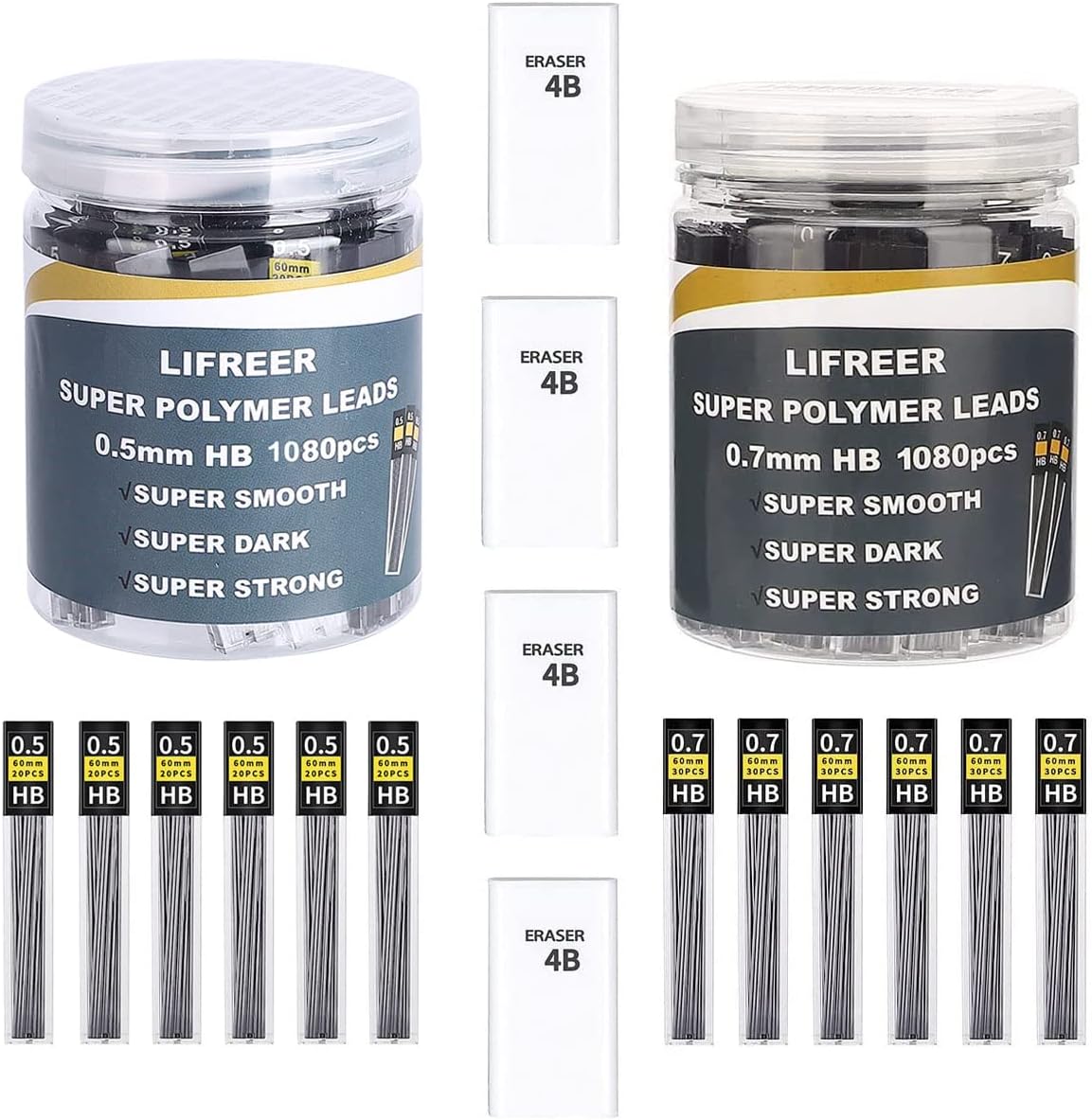 Lifreer 1080 Pcs 0.7 mm Lead Refills, 0.5 mm mm Lead Refills with 4 Erasers
