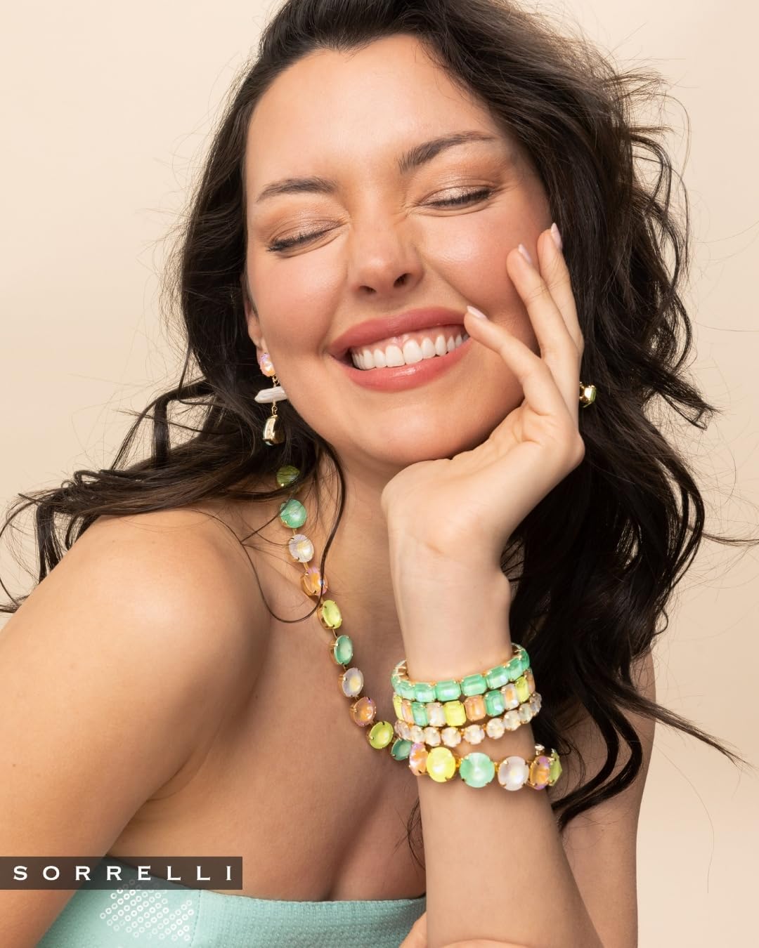 Sorrelli Green Mint Delite Emerald Cut Stretch Bracelet, 7 Inches Long, Bright Gold-tone