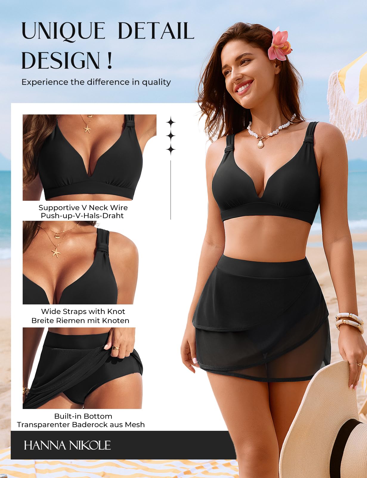 Hanna Nikole Bikini Damen Set,Badeanzug Damen Bauchweg,Push up Hochtailliert Bikinirock, Sexy Zweiteiliger Badeanzug aus Mesh mit V-Ausschnit