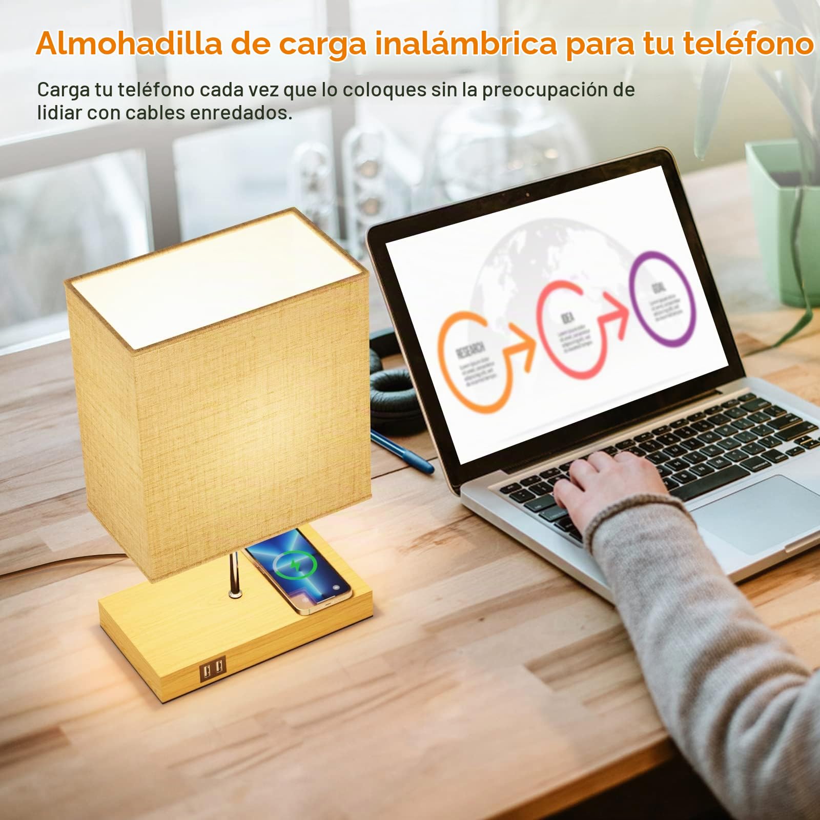 GLUROO Lamparas de Mesita de Noche con Cargador Inalámbrico, Lámparas de Mesa Táctil, 2 Puertos de Carga USB, Regulable de 3 vías Lámpara de Noche Vintage para Habitación,Salon,Oficina