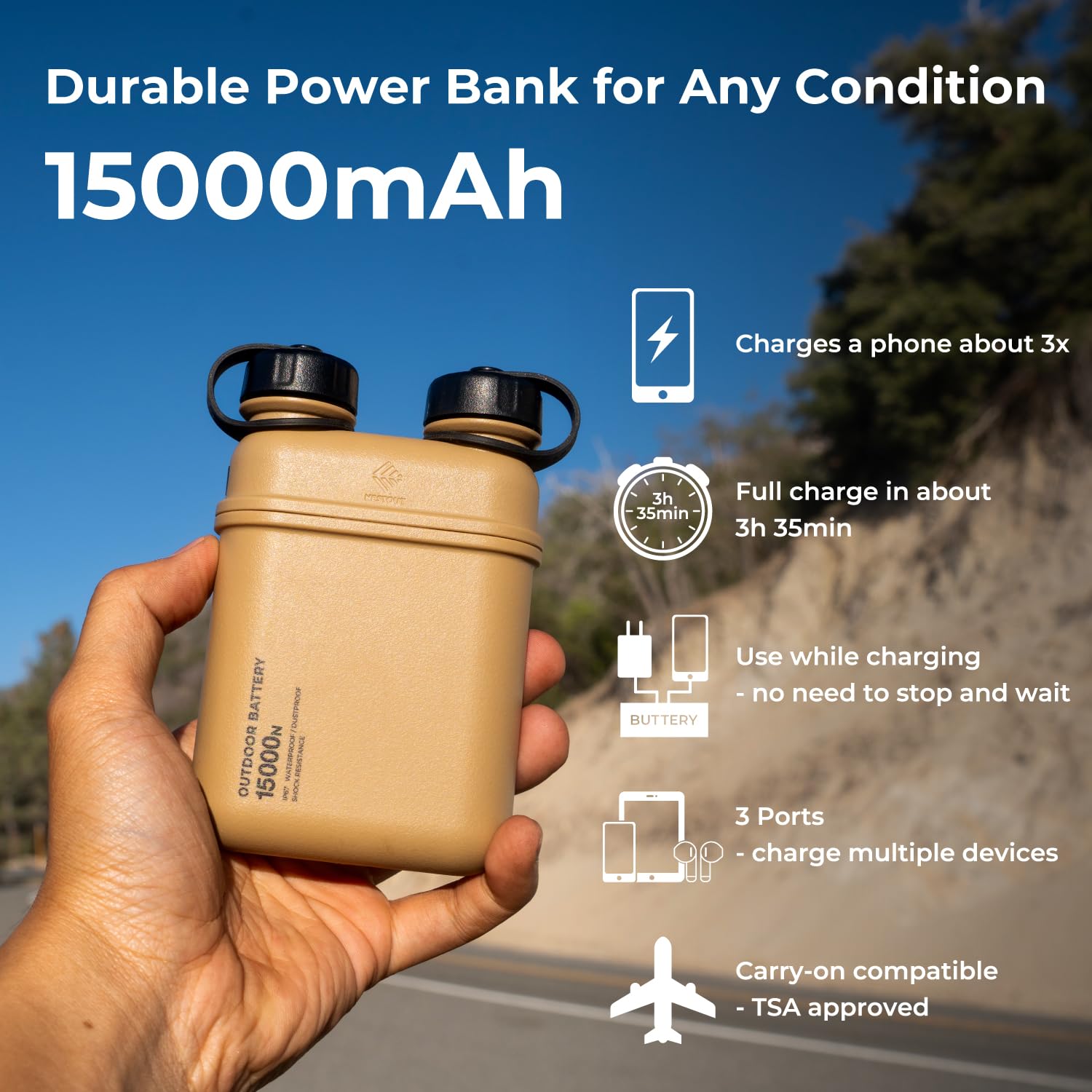 ELECOM NESTOUT Rugged Power Bank, 15000mAh Outdoor Battery Charger, Waterproof IP67, Durable Shockproof, 32W USB-C Fast Charging PD, Battery Pack for Smartphone Tablet Hiking Camping Travel - Beige
