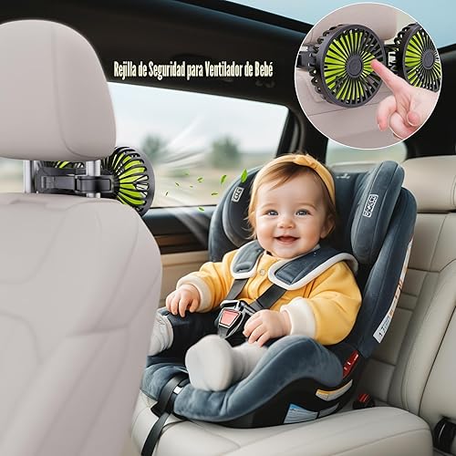 Miniatura 9 de Ventiladores de refrigeración USB para asiento trasero ventilador de coche de doble cabezal para niños, 3 velocidades, ventiladores giratorios de