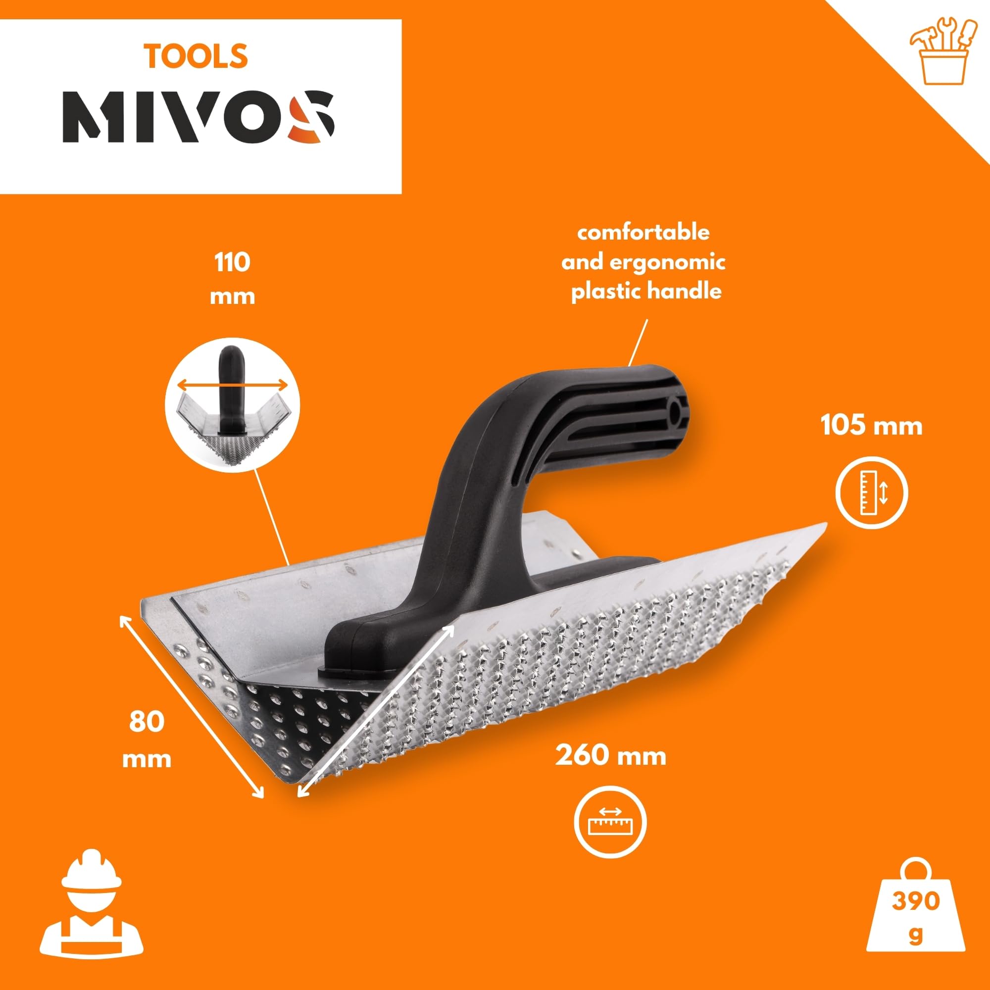 MIVOS Sanding Board Square, Rasp Board for Styrofoam, Grating Board with Galvanised Sheet Steel Rasp Coating, 260 mm - Image 2