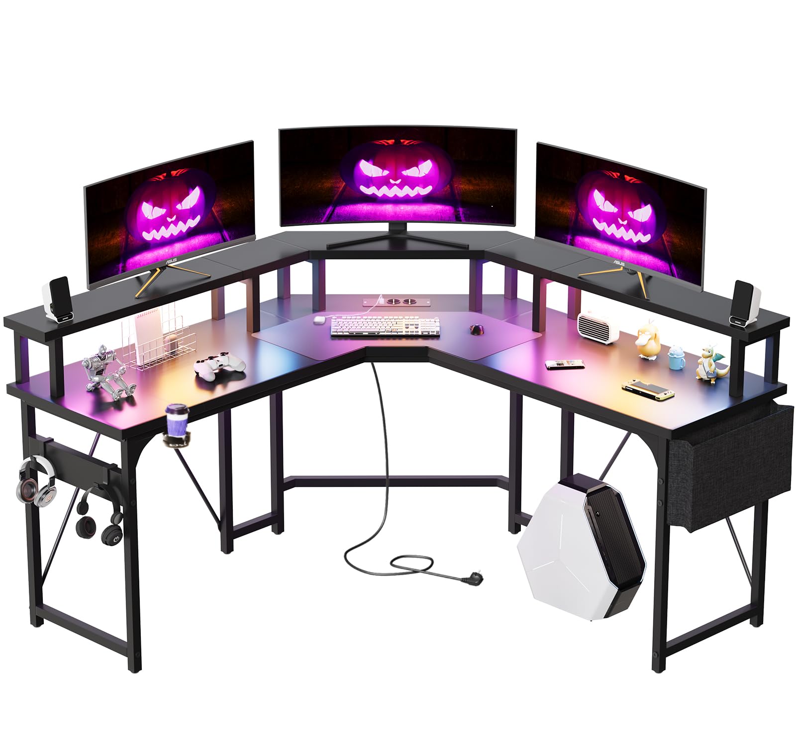Devoko 153x153 cm Mesa Gaming con LED, Escritorio de Esquina para Juegos con 2 enchufes y 2 Puertos de Carga USB, Escritorio para Juegos en Forma de L con Soporte para Monitor, Negro
