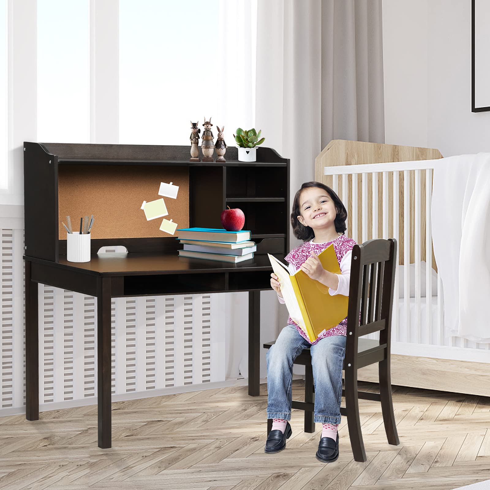 LIFEZEAL Kinderschreibtisch mit Stuhl Set, Multifunktionaler Kinderlerntisch Holz mit Regal & Schublade & Pinnwand, Tischset und Stühle Schüler für Kinderzimmer (Braun)