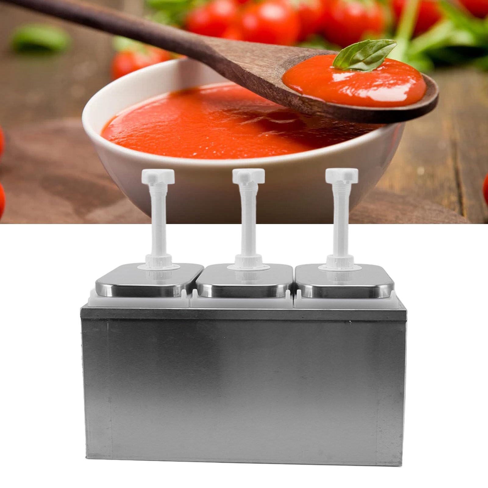 Sauce Dispenser Pumpe, Edelstahl Gewürz Station Flüssigkeit große Kapazität Lagerung Eimer Geschirr Nachfüllung Squeeze Korbtop für Ketchup, Salatdressings, Grillsauce (2-Liter-Dreifachpumpe)