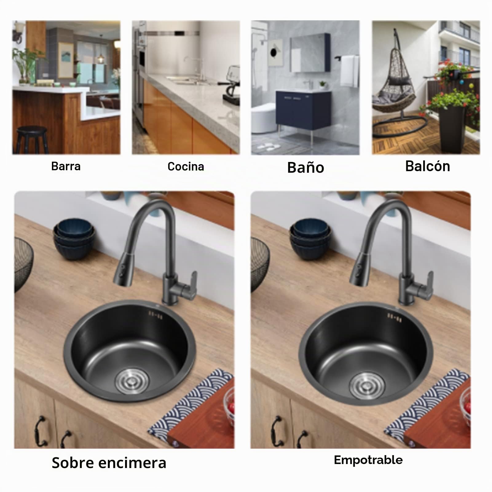 Mini Fregadero de Cocina Redondo Barra de Acero Inoxidable, Fregadero de Cocina Barra de Acero Inoxidable Lavabo Redondo con Tubo de desagüe 30 cm de diámetro