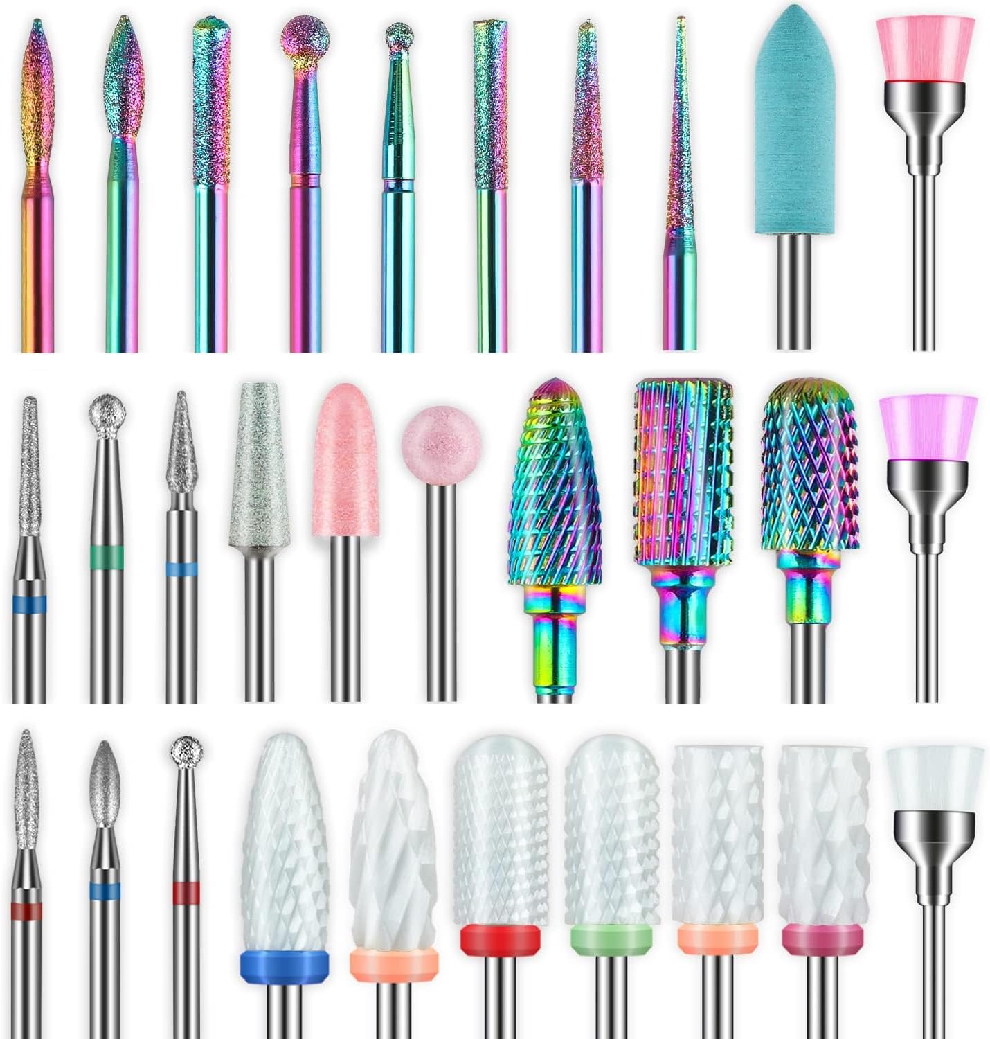 Depvko 30Pcs Nail Drill Bits,3/32 Inch Ceramic Drill Bits for Nails Sets Acrylic, Diamond Cuticle Efile Carbide Remover Bits for Home Salon Acrylic Gel Nail Manicure Pedicure Tools(Come with 3 Cases)