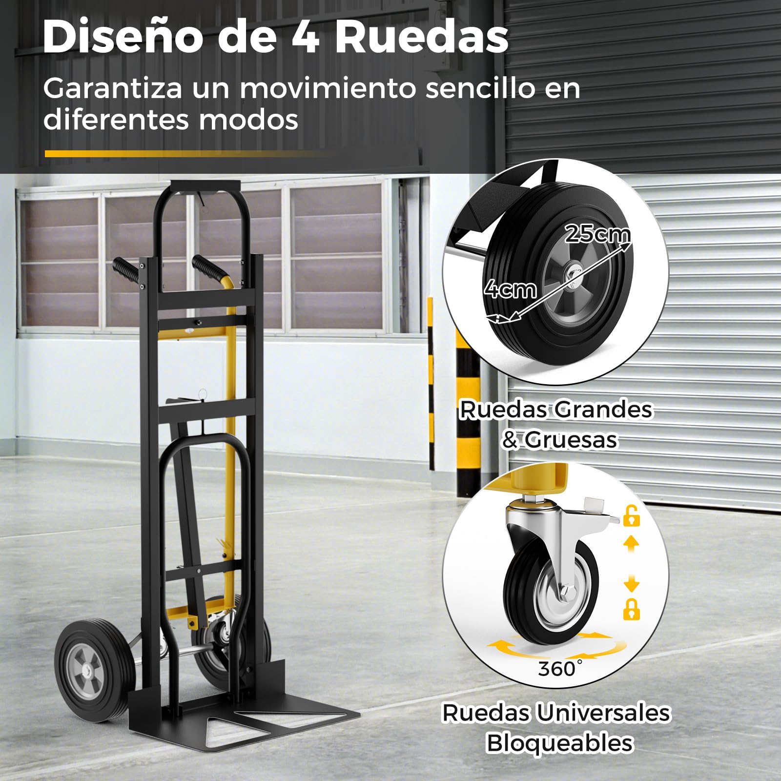 GOPLUS Carro De Metal Portátil 3 En 1 De Alta Resistencia con Ruedas De Goma Universales, Capacidad De 450 Kg, Carro Industrial Plegable para Transporte Y Mudanza En Almacén (Negro + Amarillo)