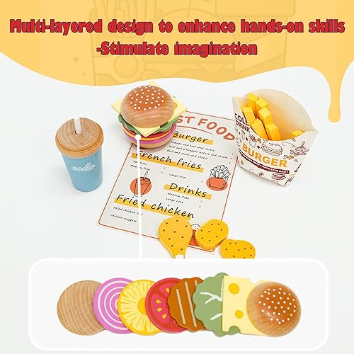 Miniatura 6 de Juego de madera para jugar comida rápida, accesorios de cocina, hamburguesa y papas fritas, juego de restaurante, juguetes de juego de rol para
