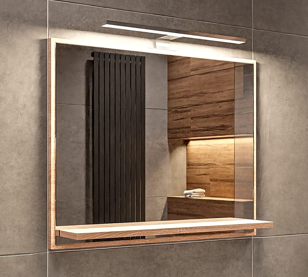 Lustro Łazienkowe z Półką i Oświetleniem LED 4000K Sonoma 50x60x10 cm (wys. x szer. x gł.) Praktyczne Prostokątne Nowoczesne Lustro Ścienne z Lampką LED Wodoszczelność IP44