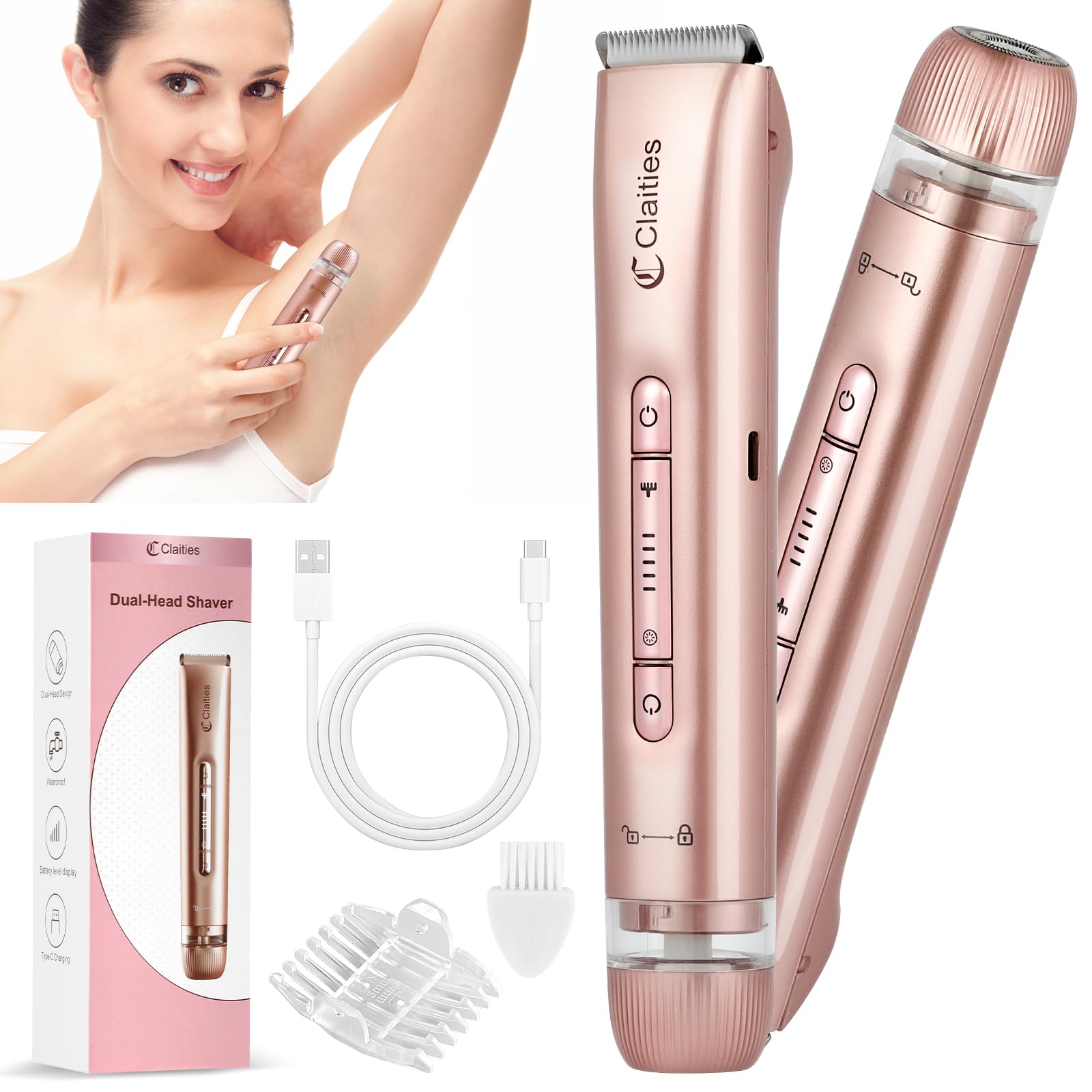 2 in 1 Women Electric Shaver Dual Head Bikini Trimmer for Women IPX7 Waterproof Wet & Dry Use Body Hair Trimmer and Facial Hair Remover for Bikini Underarm Leg Arm Body Face