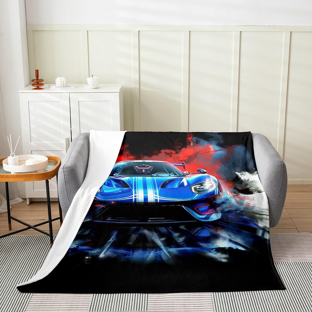 Erosebridal Kids Boys Sports Car Flannel Blanket Queen 90x90,Cosmos Outer Space Universe Blanket Race Cars Decor,Glitter Stars Racing Cars Fleece Blankets,Cool Speed Race Sports Car Throw Blankets
