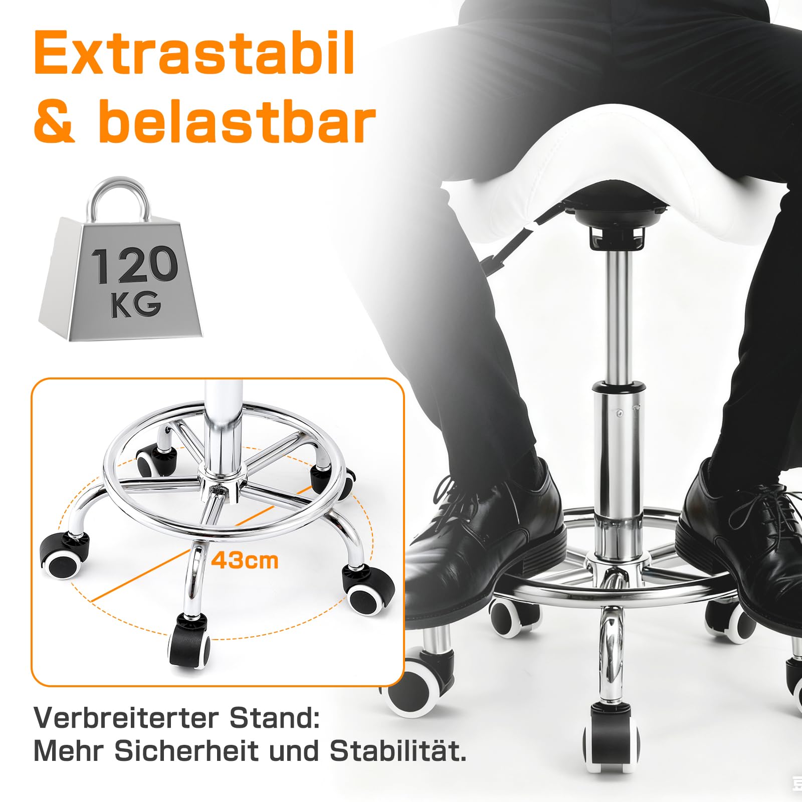Sattelhocker mit Lehne – 360° drehbarer Hocker mit Rollen und verstellbarer Fußstütze | Sattelhocker mit Rollen höhenverstellbar 49-61 cm | Ideal für Büro, Salon und Kosmetik als Rollhocker (Weiß)