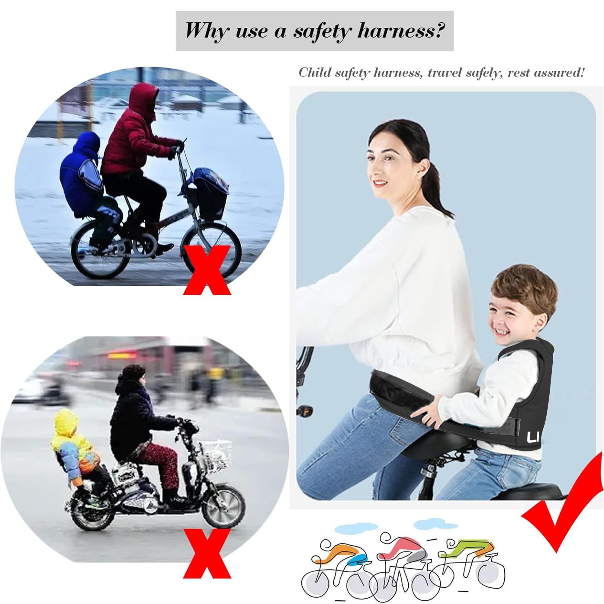 Cintura di Sicurezza per Moto Bambini Regolabile Riflettente Adatto 2-13 Anni