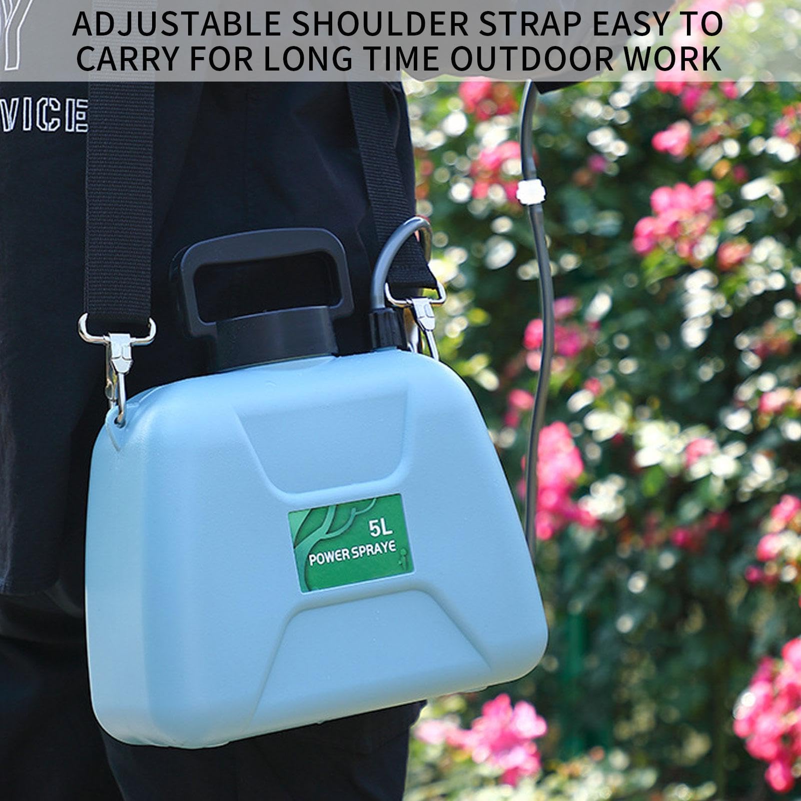 Spruzzatore alimentato a batteria, 5 l, spruzzatore per prato da giardino | pompa USB | Spruzzatore liquido da giardino con bacchetta telescopica, 2 ugelli spray e tracolla regolabile per piante da