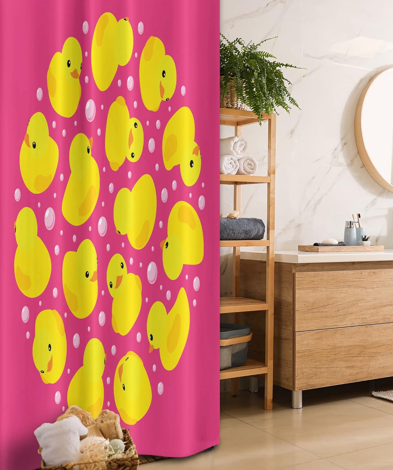 Ambesonne Rubber Duck Stall Shower Curtain, Fun Duckies Circle Pattern Bath Bubbles Animal Print, Fabric Bathroom Decor Set with Hooks, 36" W x 72" L, Yellow Pink