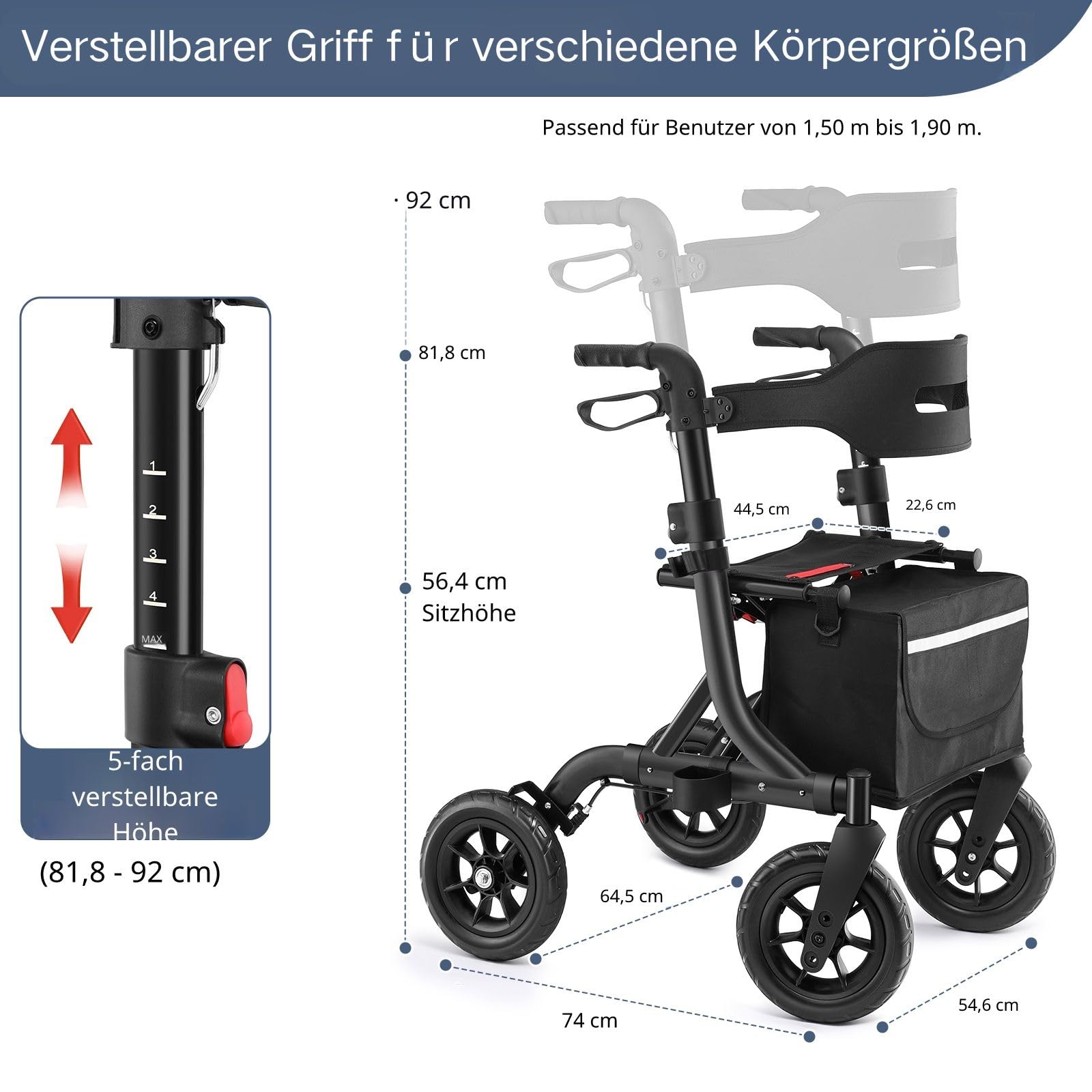 MAXWALK Rollator Faltbar und Leicht mit Sitz,25cm Reifen für All Gelände | Rollatoren Schmal für Wohnung,Integrierte Seilzugbremsung,Getränkehalter,Höhenverstellbare Aluminium Rollatoren für Senioren