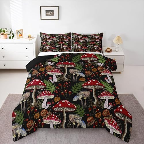 Kids Mushroom Comforter Set Mushrooms Snail Leaf Bedding Set for Boys Girls Teen