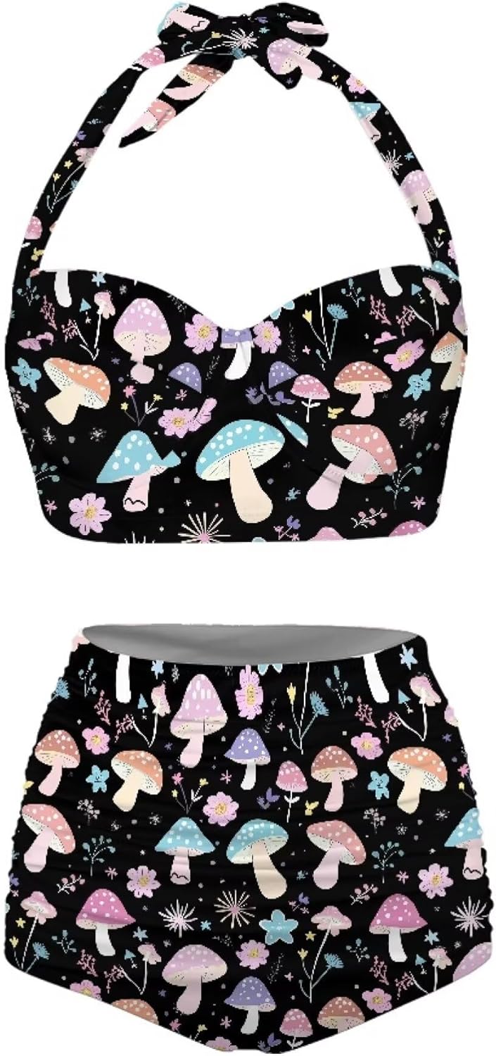 Mushroom & Fruit Print Women's Two-Piece Lace-up Swimsuit Halter Ruched High Waist Bikini Set