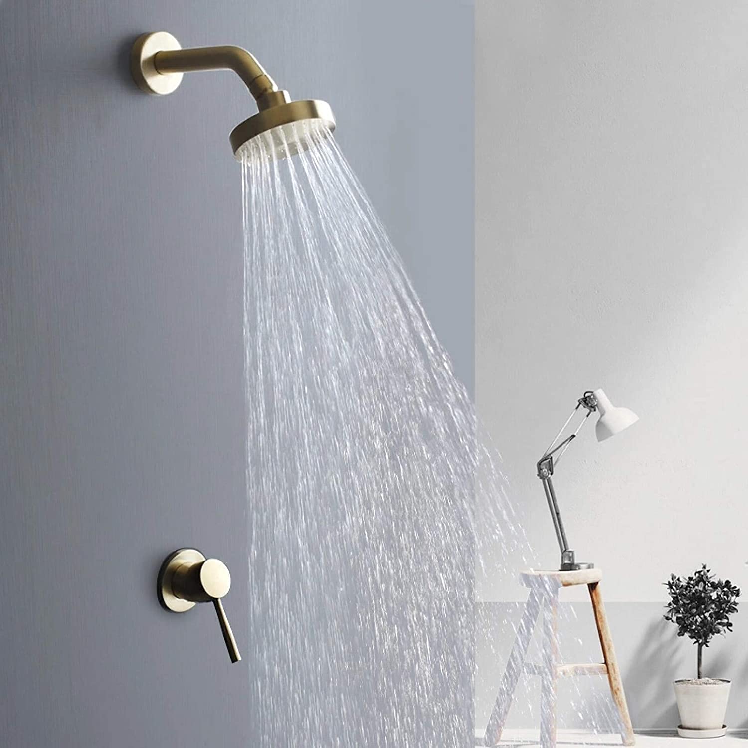 CHEWYNP Rubinetto per Doccia Rubinetto per Doccia in Oro Spazzolato Rubinetto per Doccia a Cascata Reom Rubinetto per Doccia a Parete Set Miscelatore per Doccia a Pioggia in Ottone a paret