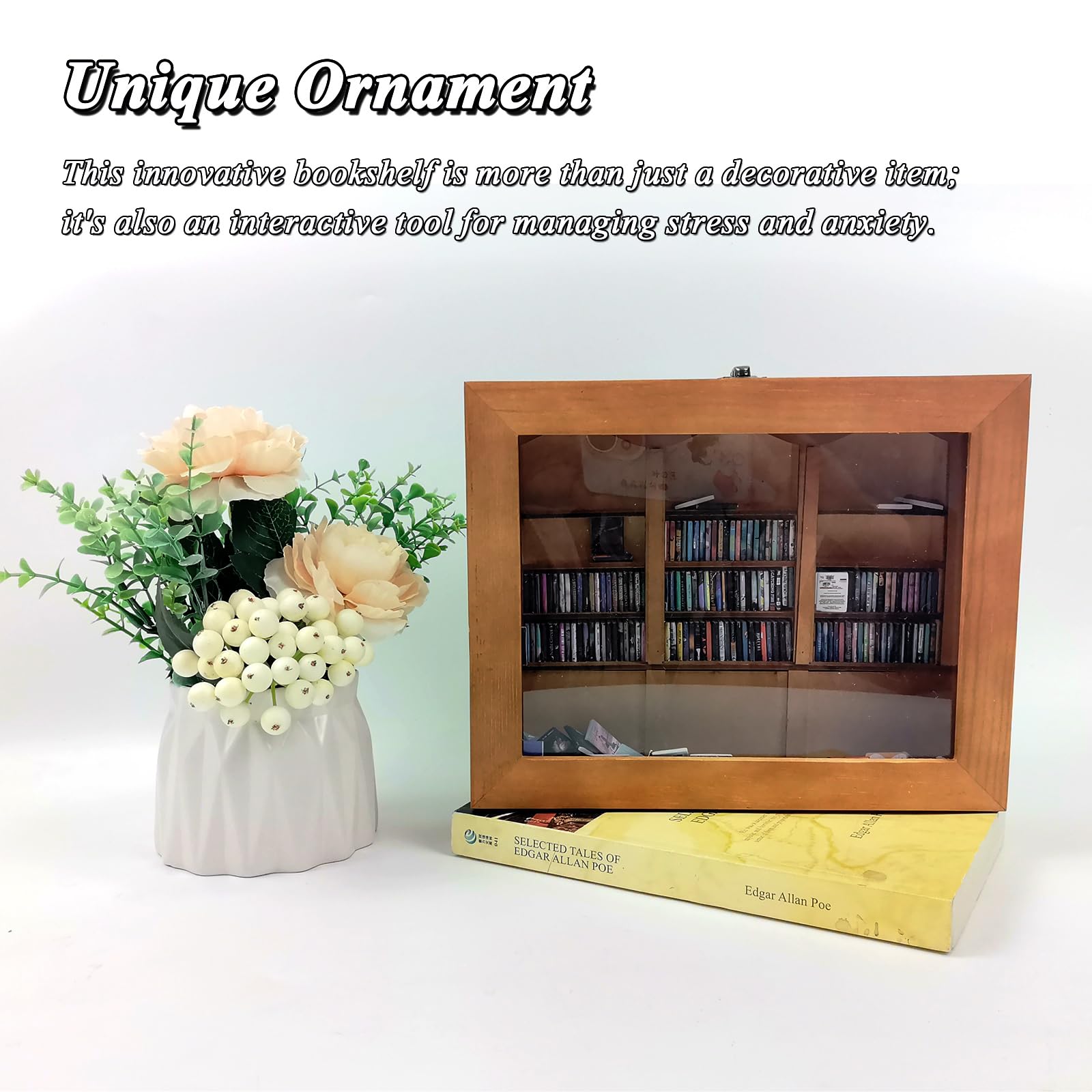 TourKing Anxiety Mini Bookshelf, Miniature Book Display Shelf with 200pcs Mini Books, Shake Away Your Anxiety - Image 4