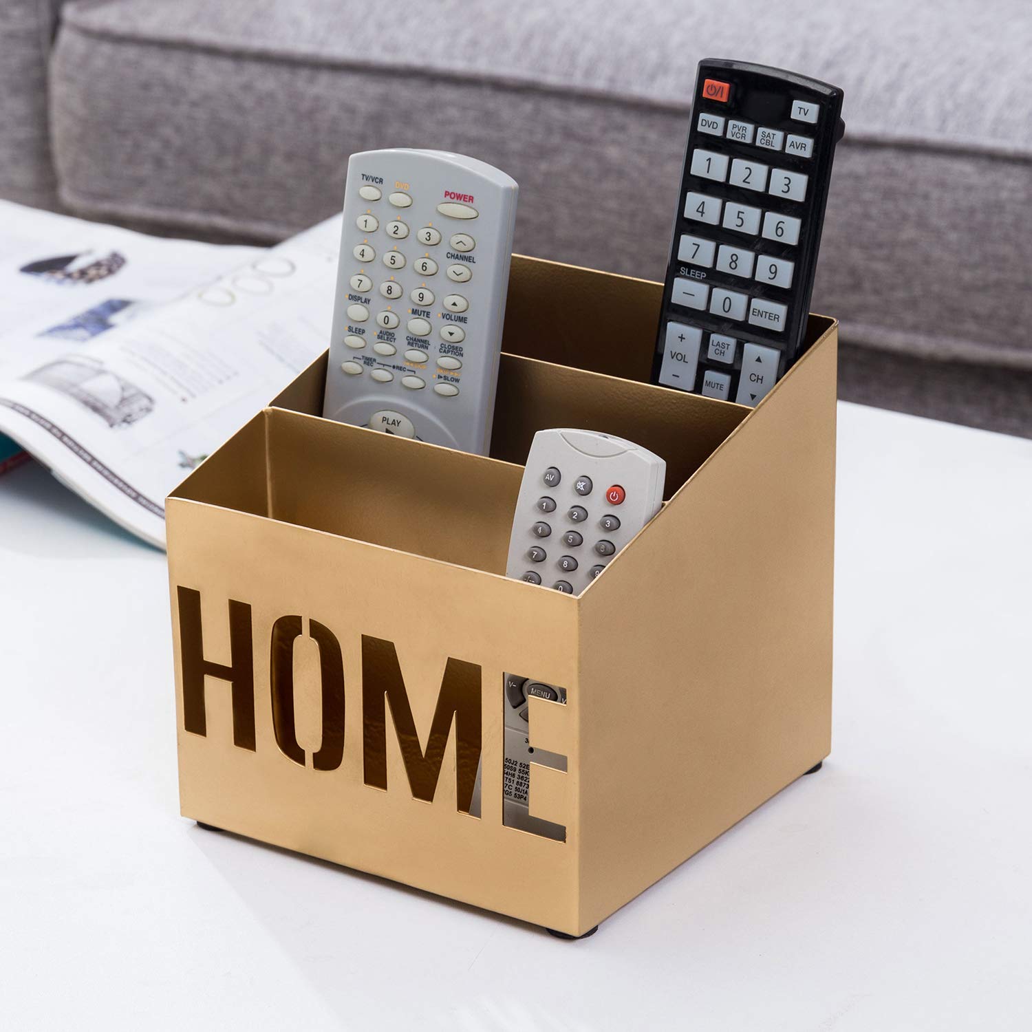 MyGift 3-Slot Matte Gold Home Cutout Design Remote Control Media Organizer Caddy, Storage Rack