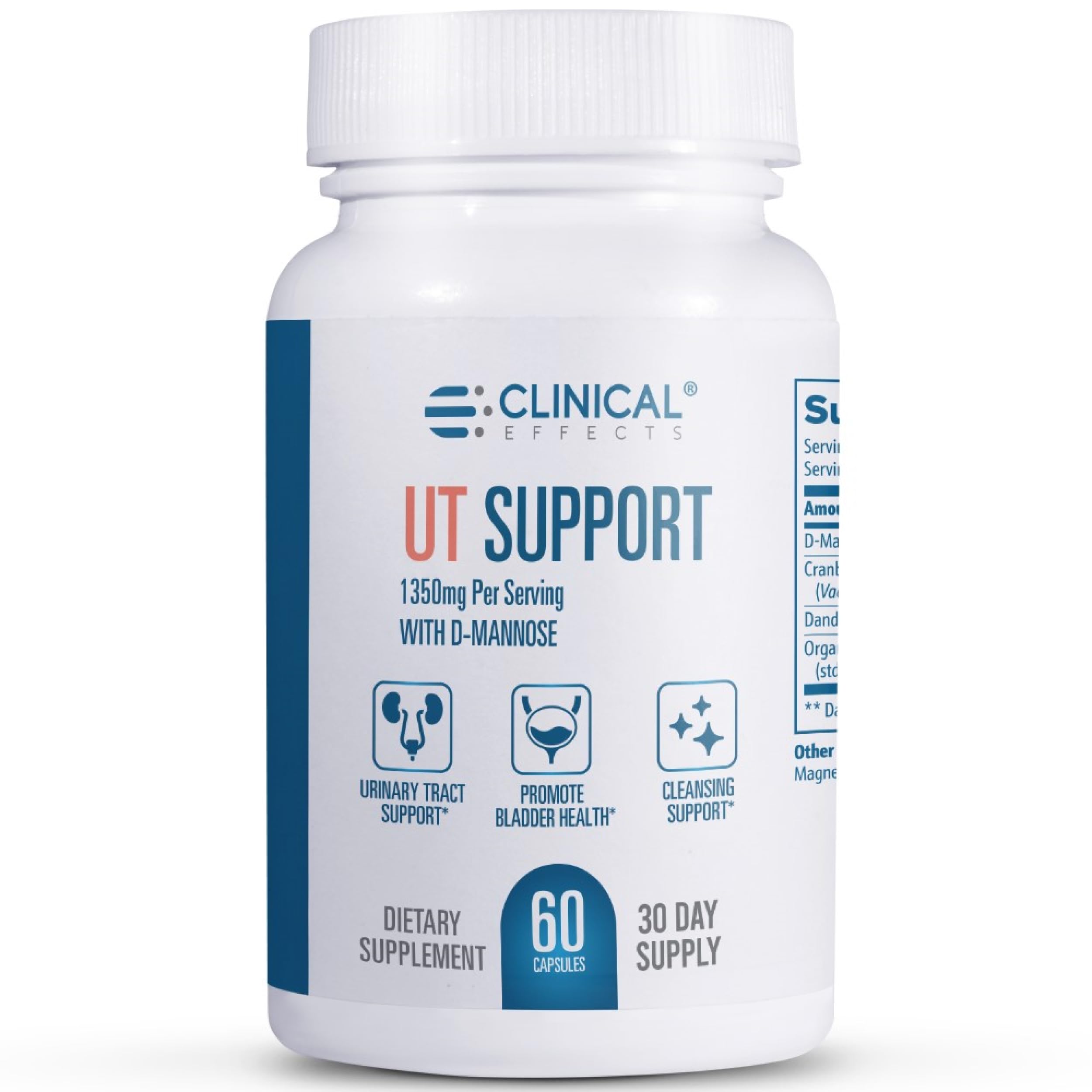 - Clinical Effects UT Support - Natural Cleanse and Urinary Tract Health Support - D-Mannose, Dandelion, Hibiscus and Cranberry Pills for Women - 60 D Mannose Capsules - Made in The USA