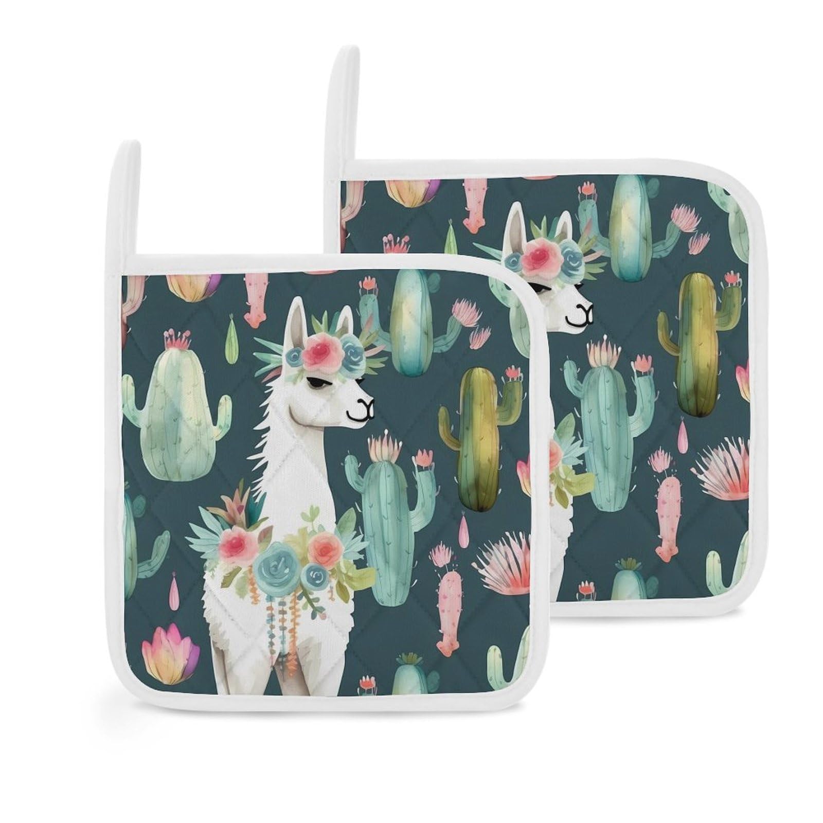 Pot Holders Set of 2 Kitchen Heat Resistant Potholders Llama Animal Alpaca Tropical Cactus Cotton Lining Oven Hot Pads for Cooking Baking BBQ Microwave Kitchen Accessories