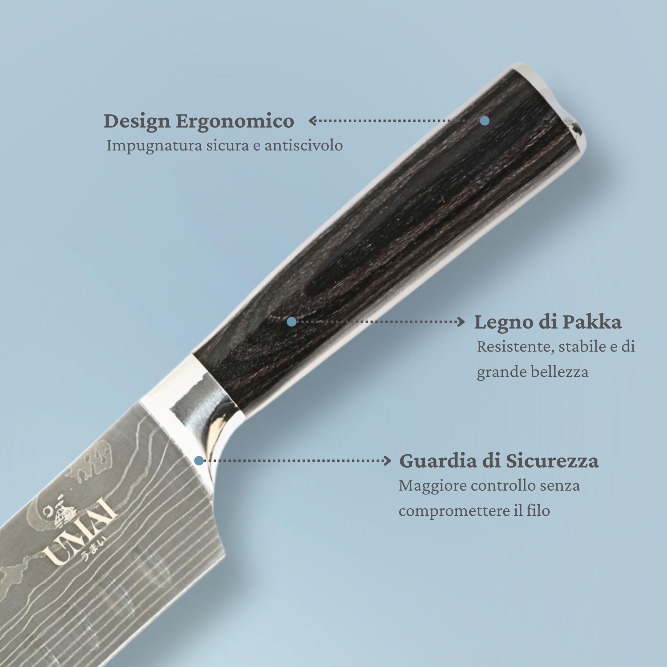 UMAI Coltello Santoku 18 cm (7") – Coltello da cucina giapponese in acciaio inossidabile 7Cr17MoV con motivo Damasco – Manico ergonomico in legno Pakka, lama alveolata – Custodia protettiva inclusa