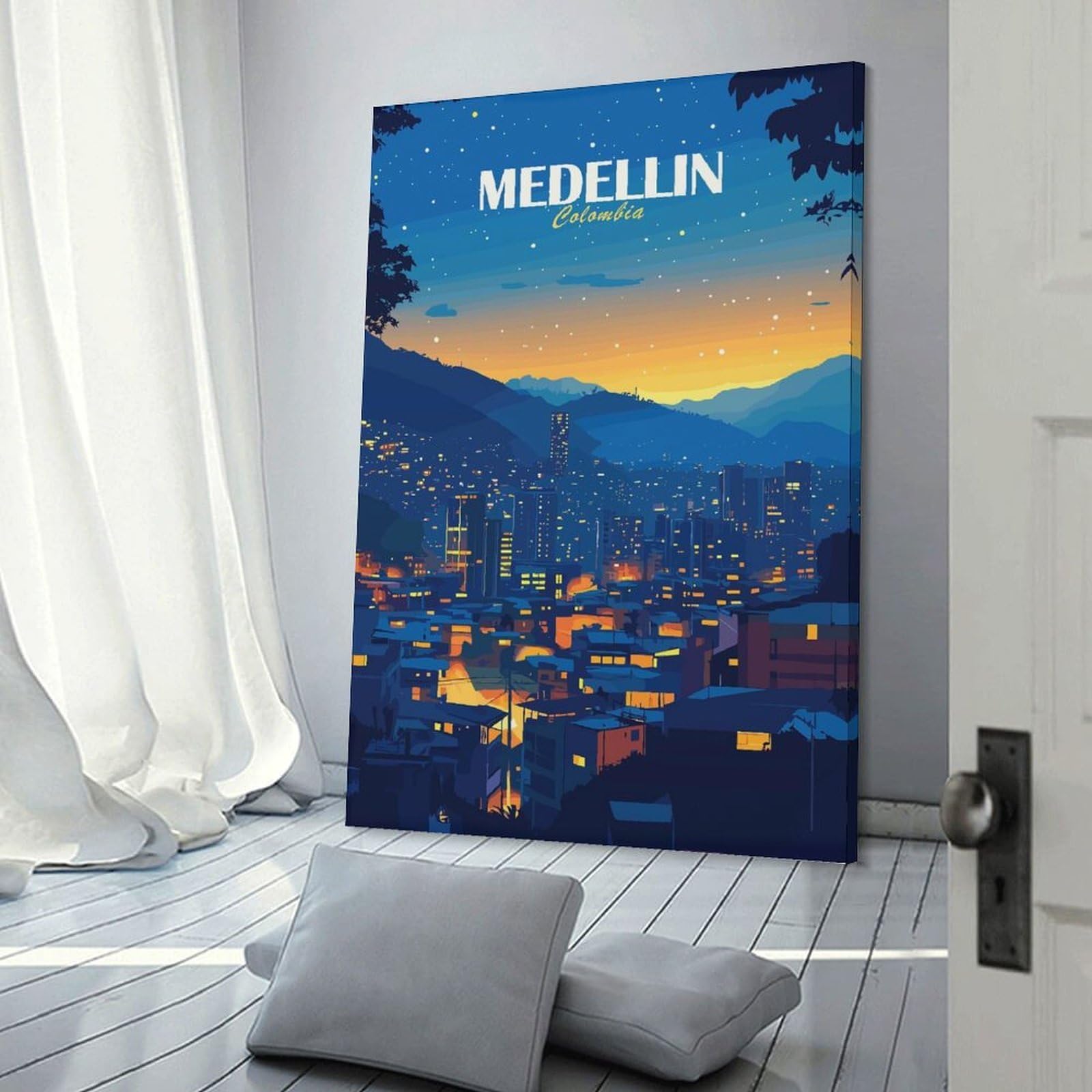 Junmoney Medellin Colombia Cityscape at Night Canvas Wall Art 08x12inch(20x30cm), for Study, Office Or Focused Interiors, Home Office Artwork with Decorative Appeal