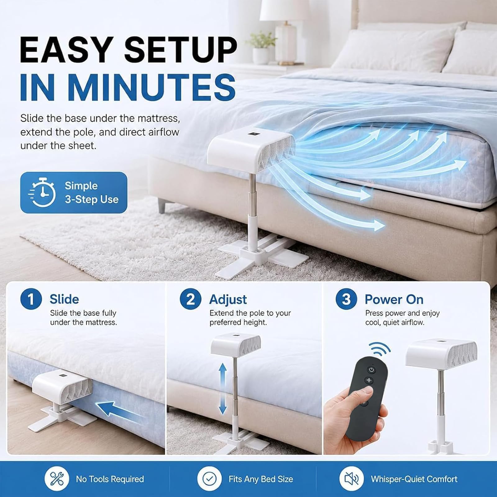 Ventilatore per Letto, Sistema Sotto le Lenzuola con Telecomando | 5 Velocità, Timer 1–6 Ore, Altezza 22–53 cm e Raffreddamento Silenzioso su un Lato per Chi Soffre il Caldo e Suda di Notte
