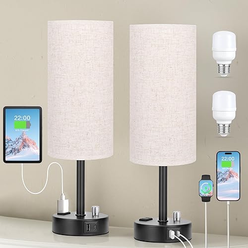 Miniatura 1 de Fenmzee Juego de 2 lámparas de noche, color beige, atenuación completa, carga USB A + C, salida de CA, control giratorio, bombillas incluidas