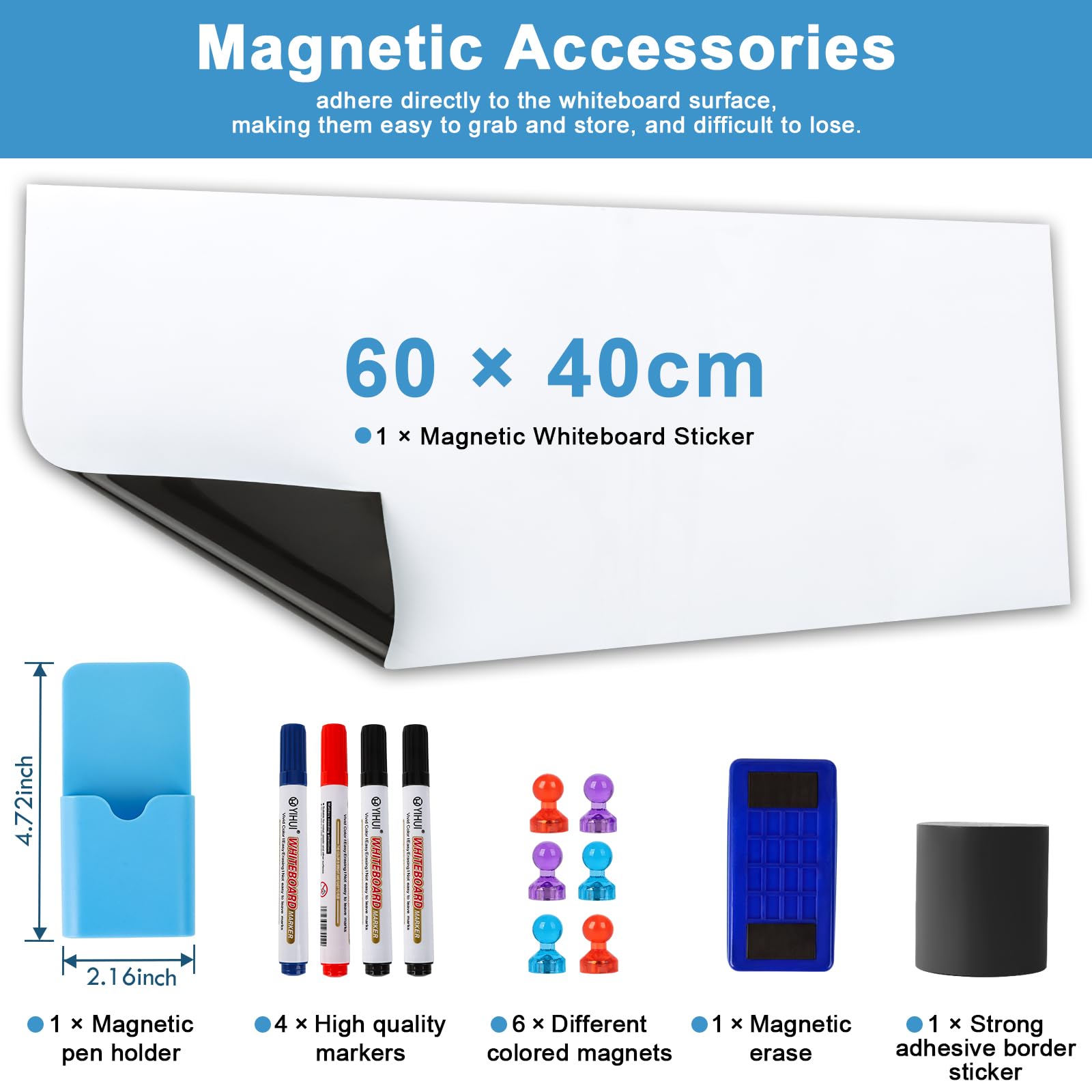 Cinnani Lavagna Bianca Magnetica Adesiva Cancellabile, 80 x 40CM Lavagna Magnetica da Parete, Include 4 Pennarelli, Cancellino e 6 Magneti, Multiuso Lavagna Cancellabile per Scuola, Ufficio, Casa, DIY