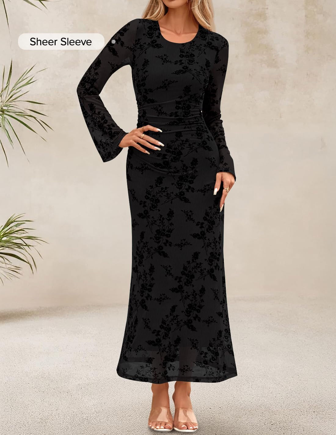 ZESICA Women's Long Sleeve Floral Bodycon Dress 2026 Spring Fall Ruched Mesh Wedding Guest Cocktail Party Maxi Dresses - Image 3