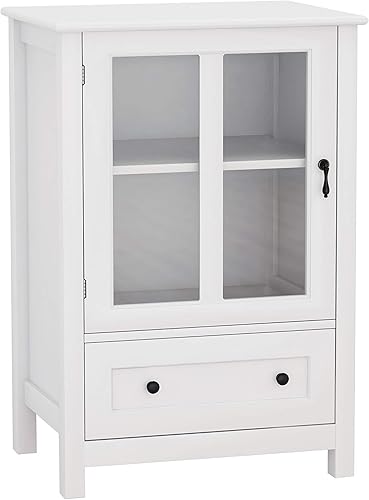 Miniatura 10 de RASOO Armario de bufé blanco moderno con 2 puertas de cristal estante ajustable y 5 cajones gabinete de almacenamiento de cocina de granja para